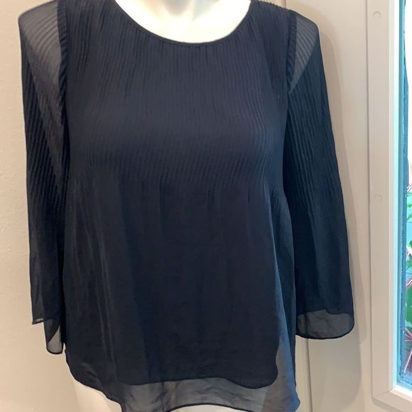 MAX STUDIO Navy Blue Silky 3/4 Sleeve Blouson Blouse - Picture 2 of 10